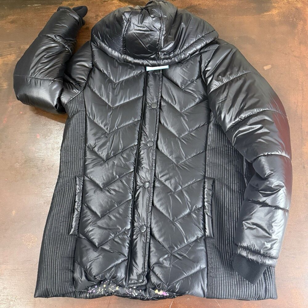 Justice puffer jacket black shimmer water resistant removable hood pockets